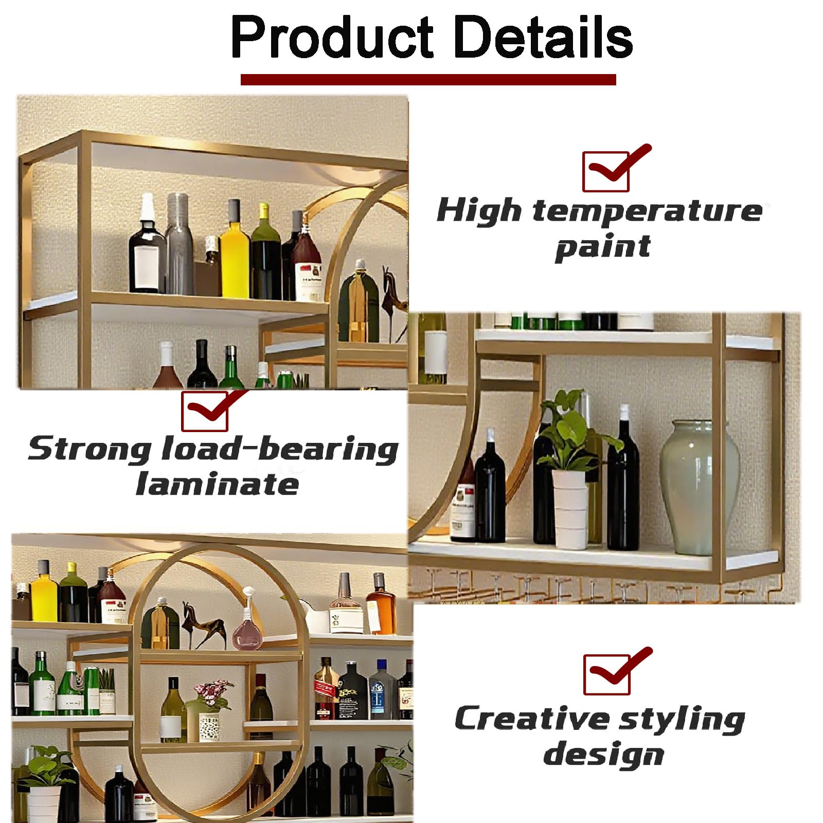 140CM Portabottiglie da parete grande, portabottiglie sospeso in metallo a 4 ripiani con ripiani per bicchieri, mensole sospese moderne per la decorazione di bar e sala da pranzo (Oro)