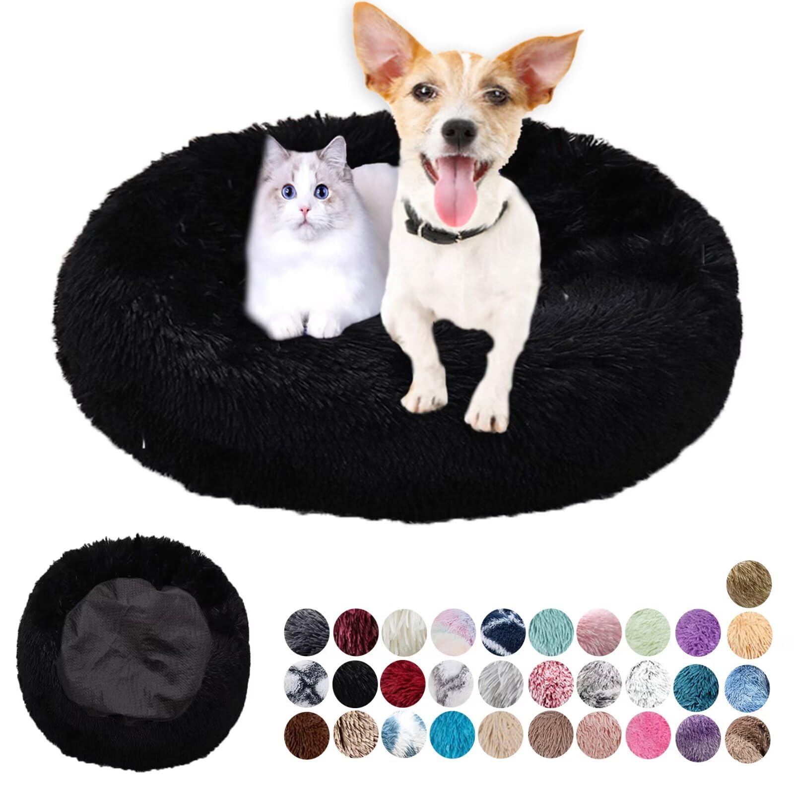 Soft Fluffy Round Dog House - Plush Anti-Anxiety, Anti-Slip Cat Bed - Easily Washable - Small, Medium, Large - Black, 70cm