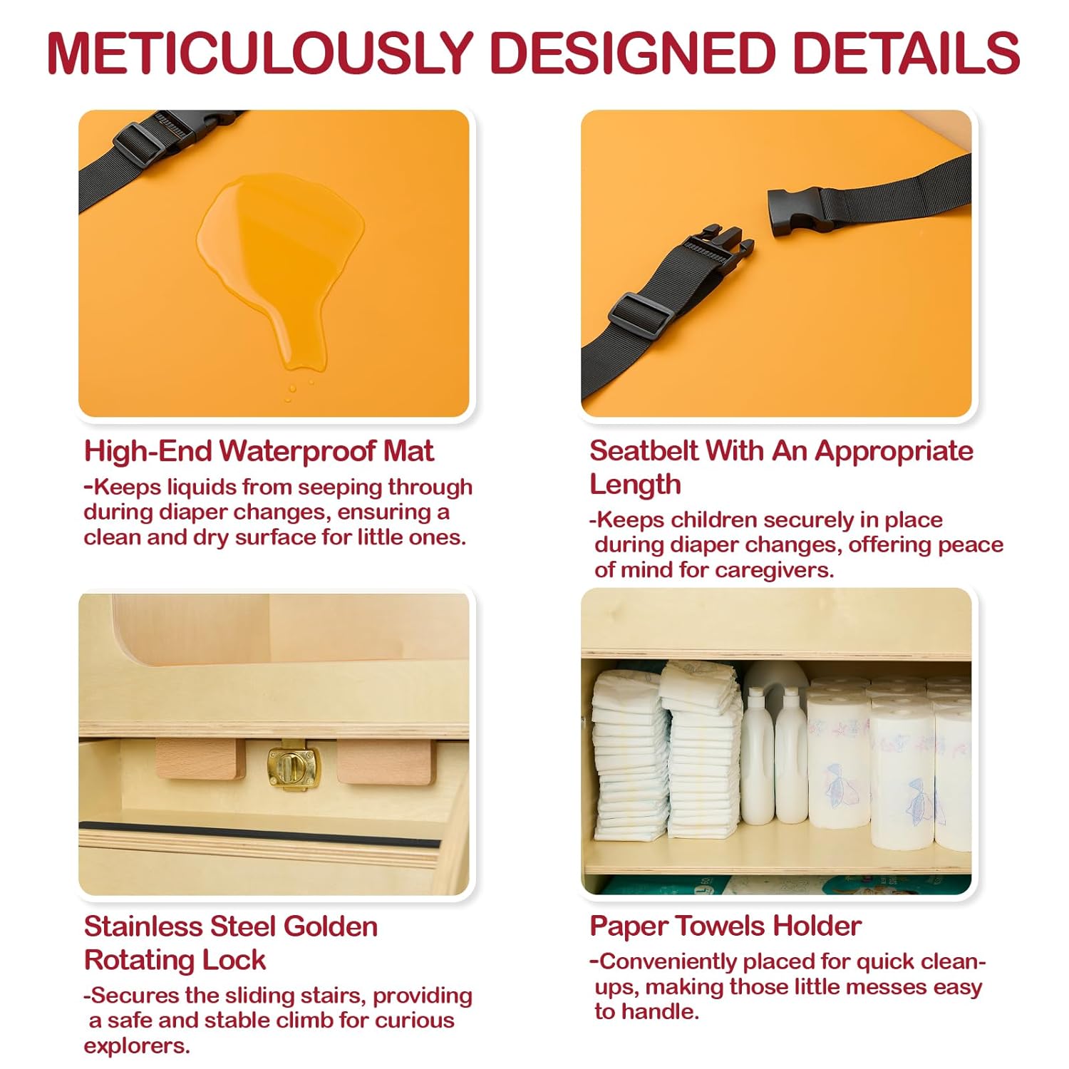 Monläurd® 100% Birch Baby Changing Table with Stairs & Storage, Montessori Toddler Diaper Changing Station, Safe Nursery Furniture for Daycare & Home