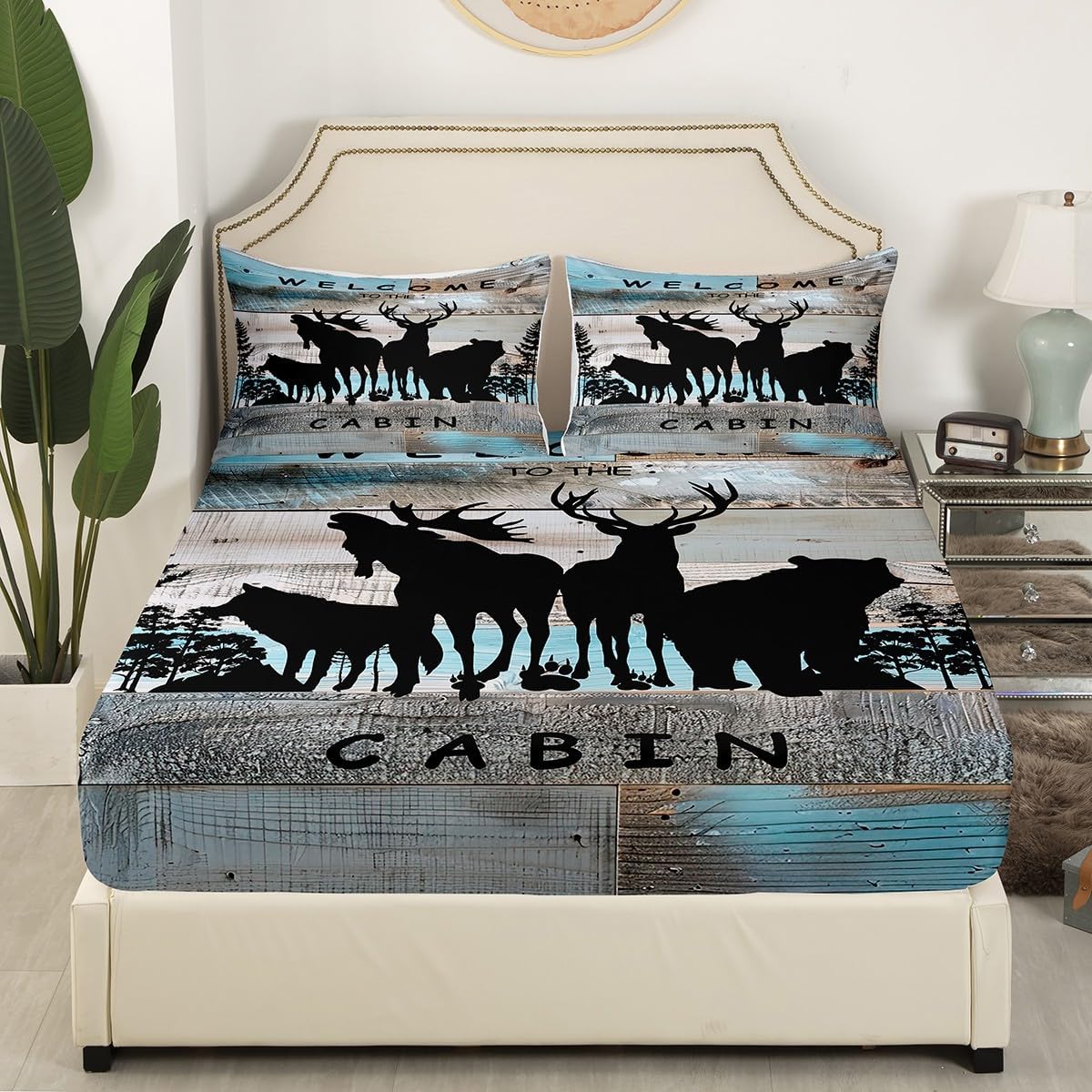 Woodland Animals Fitted Sheet Queen Lodge Cabin Bed Sheets,Pine Trees Wildlife Bear Moose Elk Wolf Bedding Set Country Cottage Wood Plank Deer Silhouette Sheets,Farmhouse Rustic Home Decor