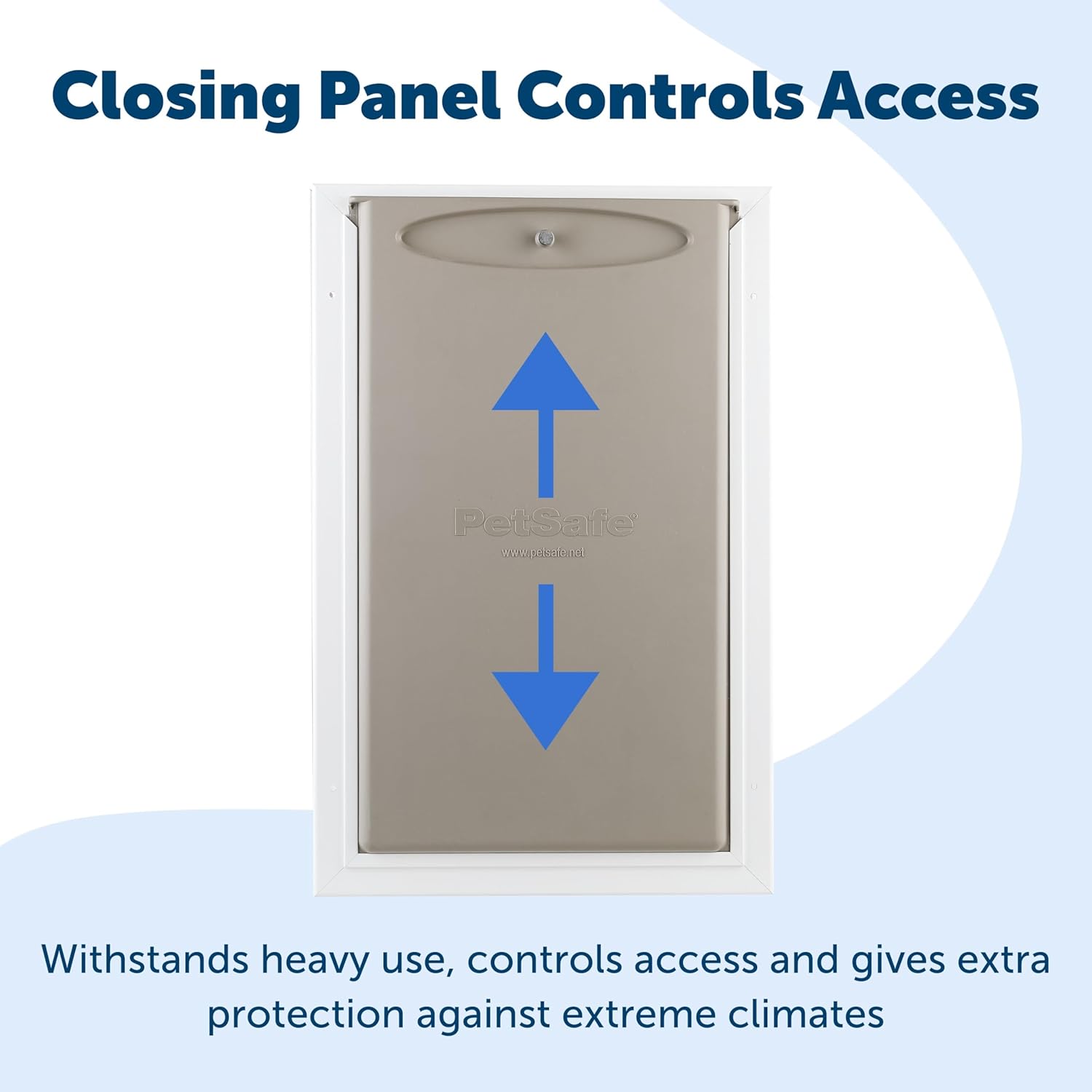Image showing the PetSafe pet door with the solid closing panel inserted, and arrows indicating up and down movement for access control.
