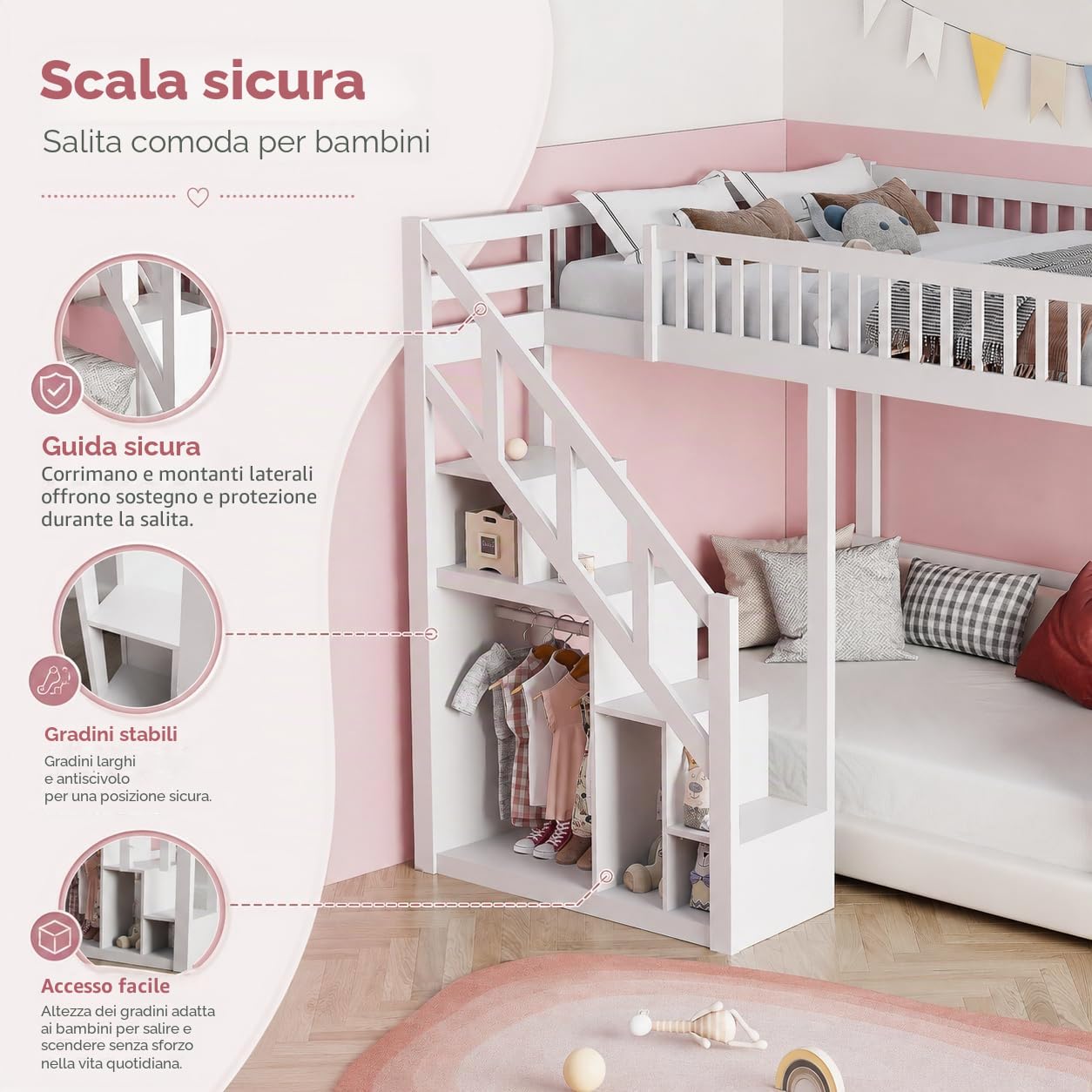 Letto a castello 140x200 cm, letto a soppalco con scala e armadietto, letto a castello con rete a doghe e protezione anticaduta, letto per bambini in legno massiccio di pino, senza materasso