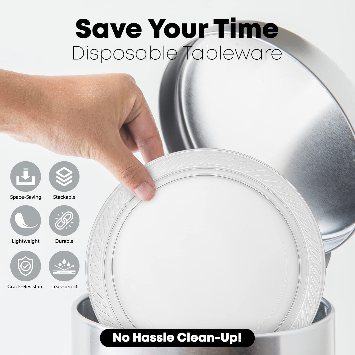 780 Piece Disposable Clear Tableware Set for 120 Guests By Framo- Microwavable Plastic Dinnerware Set of 120 9” Plates, 180 6” Dessert Plates, 120 9oz Cups,120 Spoons, Forks, Knives,