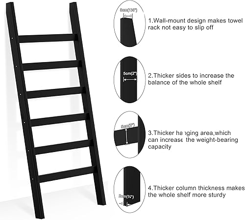 Miniatura 5 de Escalera de bambú para mantas, soporte para mantas de 6 niveles, estante de manta de 68.9 pulgadas de alto, estante de escalera contra la pared,