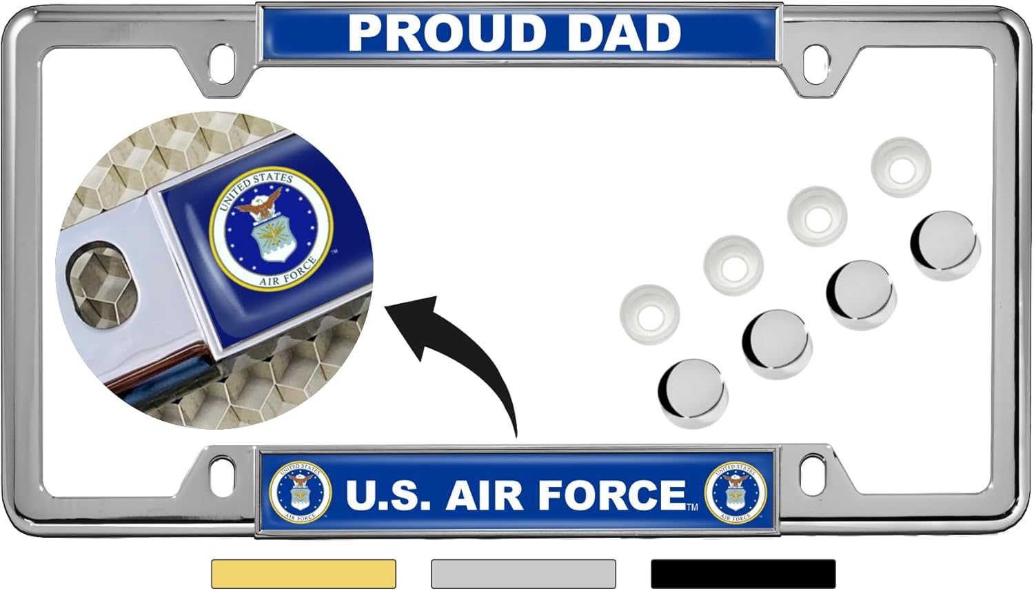 [Officially Licensed Product] - U.S. Air Force Proud Dad - Domed Custom-Made Personalized Narrow (Thin) Top 4 Hole Metal Car License Plate Frame with Free caps - Chrome (Qty: 1 Frame)