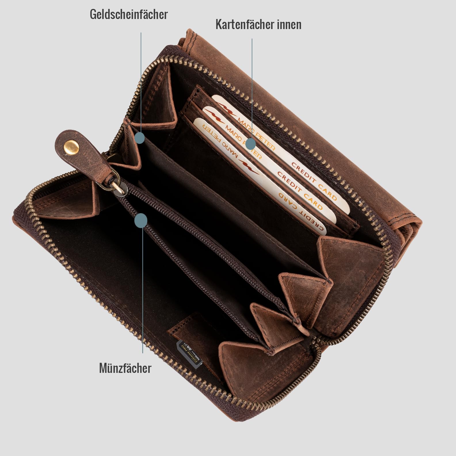 Marc Peter Damen Geldbeutel Leder RFID Geldbörse Vintage Portemonnaie Echtleder Braun