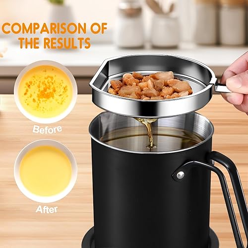 Miniatura 3 de Chihee Contenedor de grasa de acero inoxidable para tocino con filtro de malla fina, contenedor de aceite de 67.6 onzas líquidas con tapa a prueba