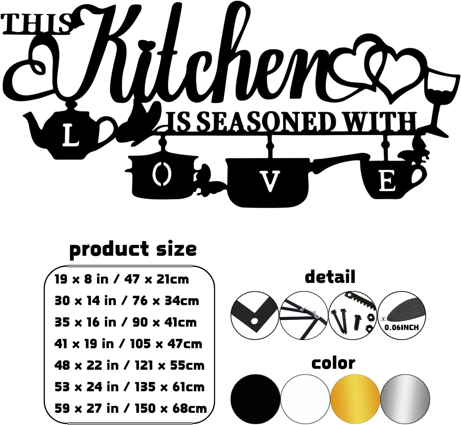 OZF Kitchen Metal Wall Art, This Kitchen is Seasoned with Love Wall Art Decor for Home Dining Room Farmhouse (Black, 19 x 8 in / 47 x 21cm)