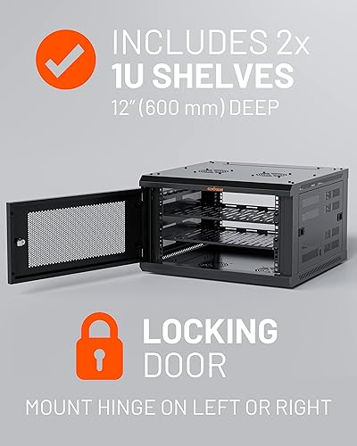 Miniatura 3 de ECHOGEAR Rack de red de 6U  El kit de rack de montaje en pared cerrado incluye 2 estantes de 1U, ventilador premontado, puerta con cerradura y