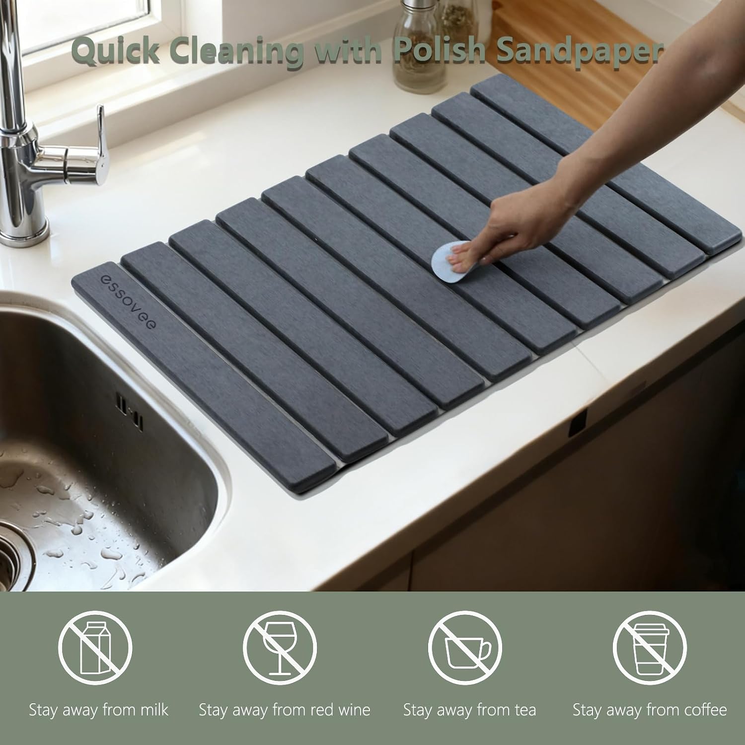 Stone Dish Drying Mat for Kitchen Counter, 24"×16" – Large Quick Drying Diatomaceous Earth, Super Non-Slip, Absorbent, Birthday Gifts for Women Mom Grandma (Dark Gray, 24"×16")