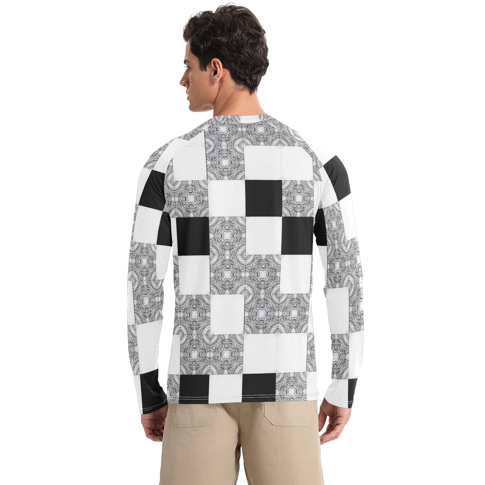 Mens UPF 50+ UV Sun Protection Mens Rash Guard Quick Dry Rash Guard Men Long Sleeve Beach Shirts, Black White Checkerboard, XX-Large