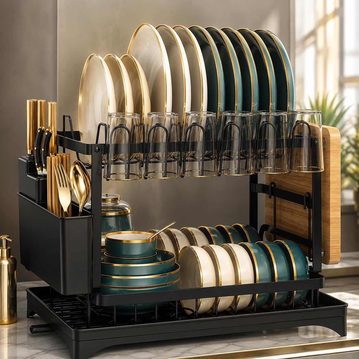 simplywire Dish Drying Rack, 2-Tier Wrought Iron Space-Saving Kitchen Dish Drainer with Cup Holder, Drainboard & Utensil Holders, Rustproof Counter Organizer for Kitchen (Black)-picture-43