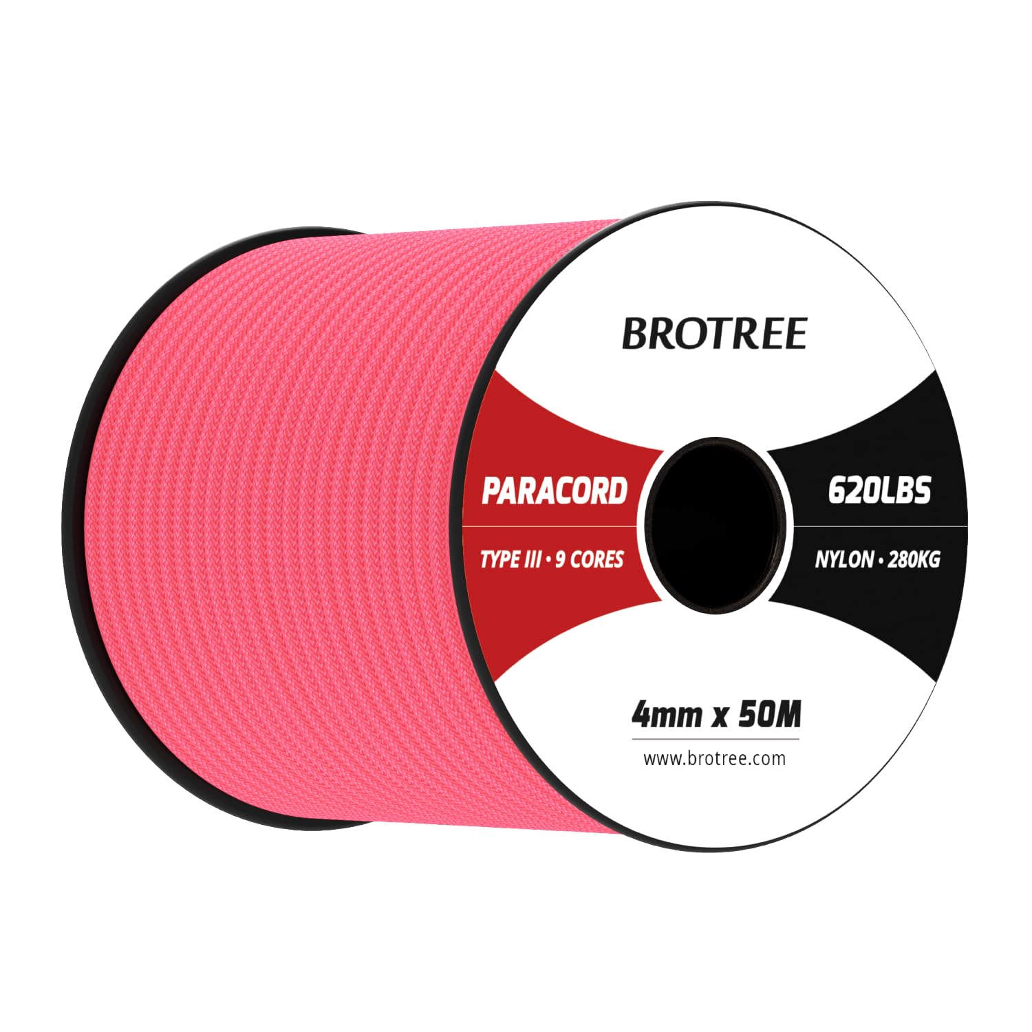 Brotree Paracord 4mm 50M 9 Strands 100% Nylon Rope Type 3 Parachute Cord for Outdoor, Bracelet, DIY - 280kg Breaking Load (Neon Pink)