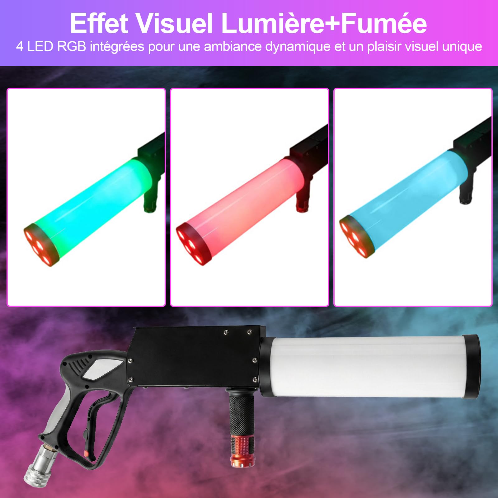 Macchina portatile per fumo, CO2, pistola per fumo con 4 LED RGB e tubo da 3 m, portata 6-8 m, ideale per DJ bar, feste, concerti, matrimoni, Halloween e Natale, attrezzatura per spettacoli ed eventi