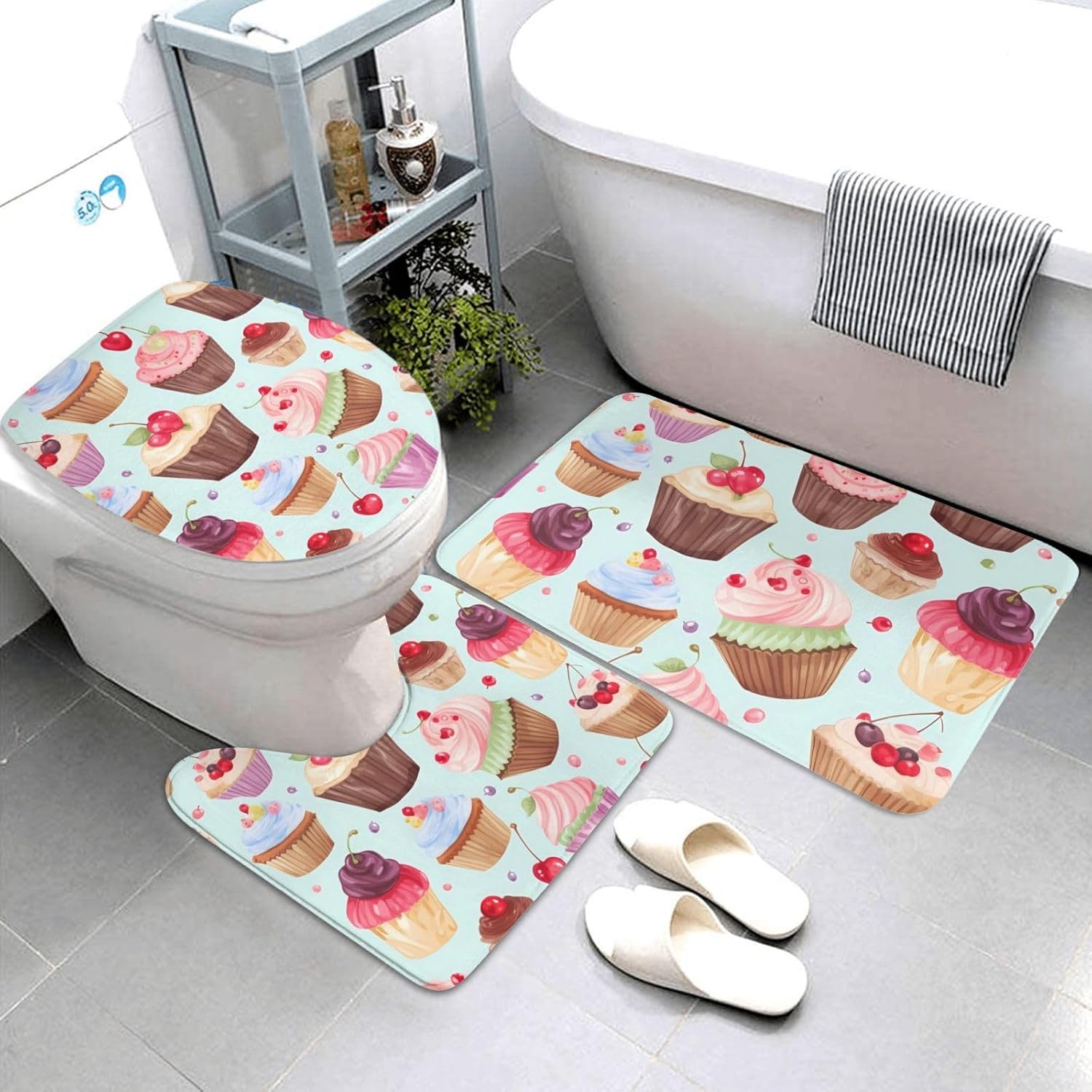 カップケーキパターン バスルームラグセット 3ピース、U字型トイレフロアマット+滑り止めマイクロファイバーバスマット+トイレ蓋カバー