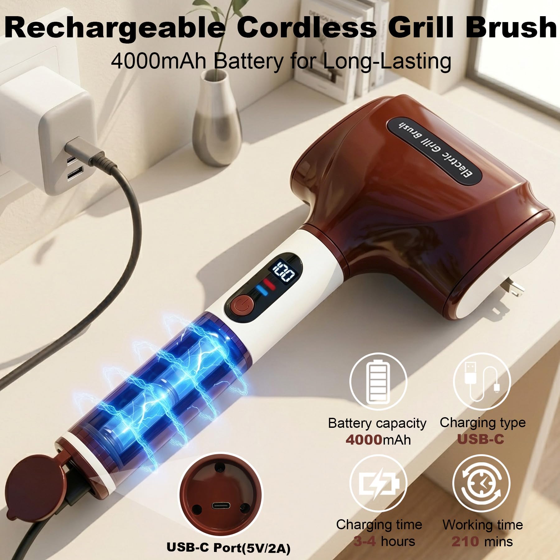 Spazzola Elettrica per Barbecue Senza Fili, 2 Velocità Spazzola Elettrica per Pulizia con Schermo LED Spazzole Ricambio Acciaio Inox, Ricaricabile Pulitore Barbecue Elettrico con Luce per Griglia