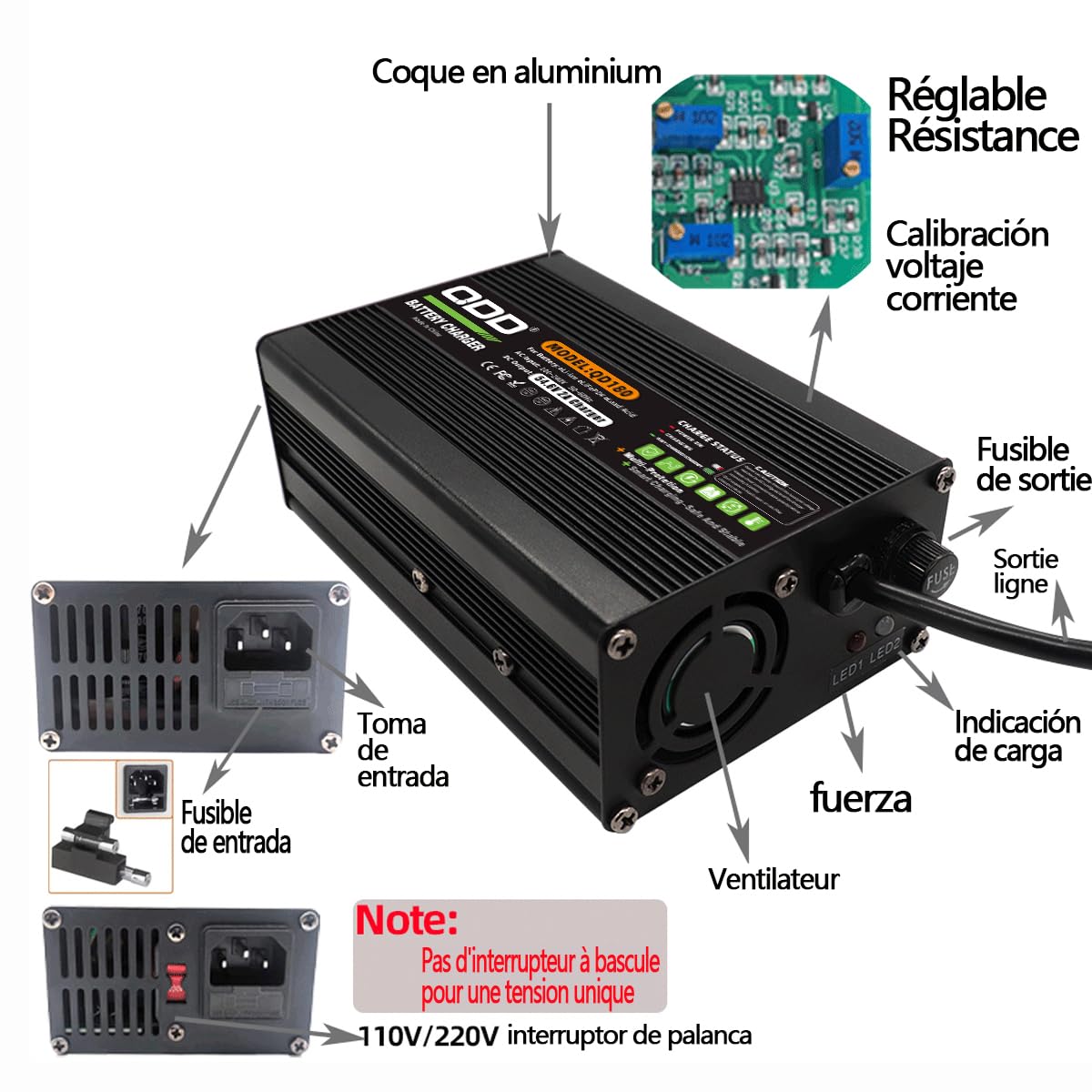 QDD Caricabatterie 54,6 V 2 A Caricabatterie al litio 48 V Uscita DC 5,5 x 2,1 mm/5,5 x 2,5 mm Connettore utilizzato per batteria agli ioni di litio 13S 48 V