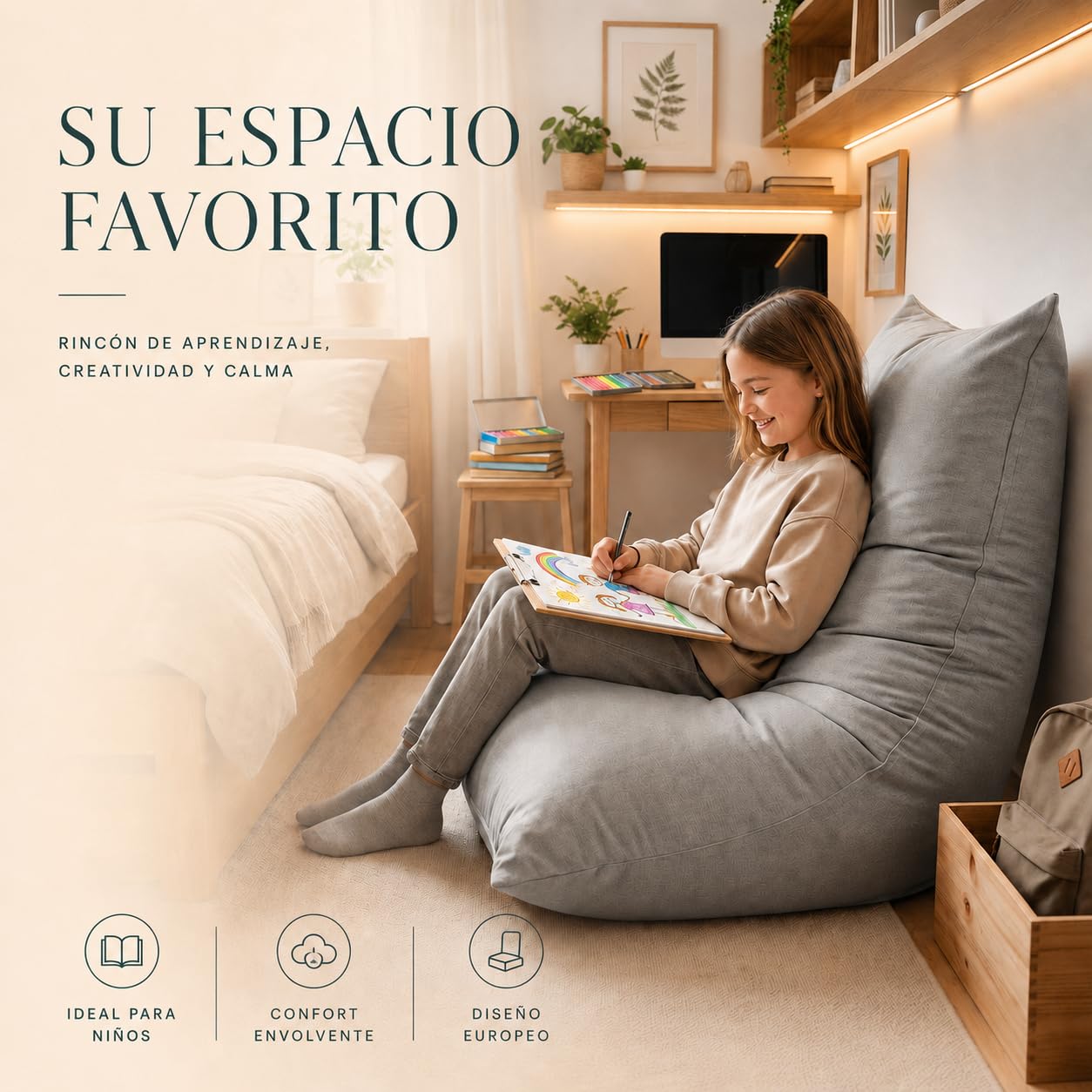 Aiire Puff con Relleno Incluido Moderno - Puf Salon Ergonómico Ultra Flexible en Lycra Lavable y Desenfundable - Cojin de Suelo Infantil XXL - Bean Bag Chair Adolescente o Juvenil [140x50]