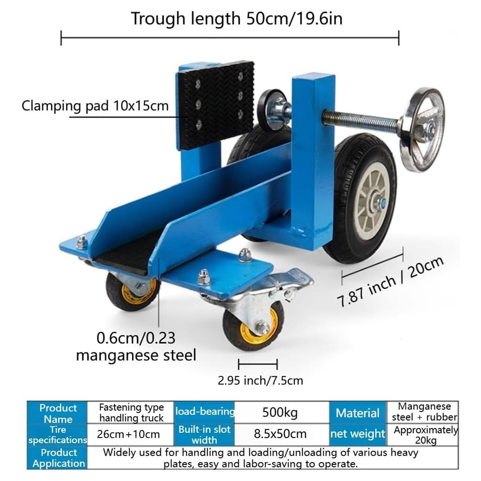 500 kg Wózek Transportowy do Paneli Płytowych, Regulowany Zacisk | Stal Manganowa, Regulowany Zacisk Śrubowy w Zakresie 0–80 mm, 4 Kółka, do Sklejki Drzwiowej
