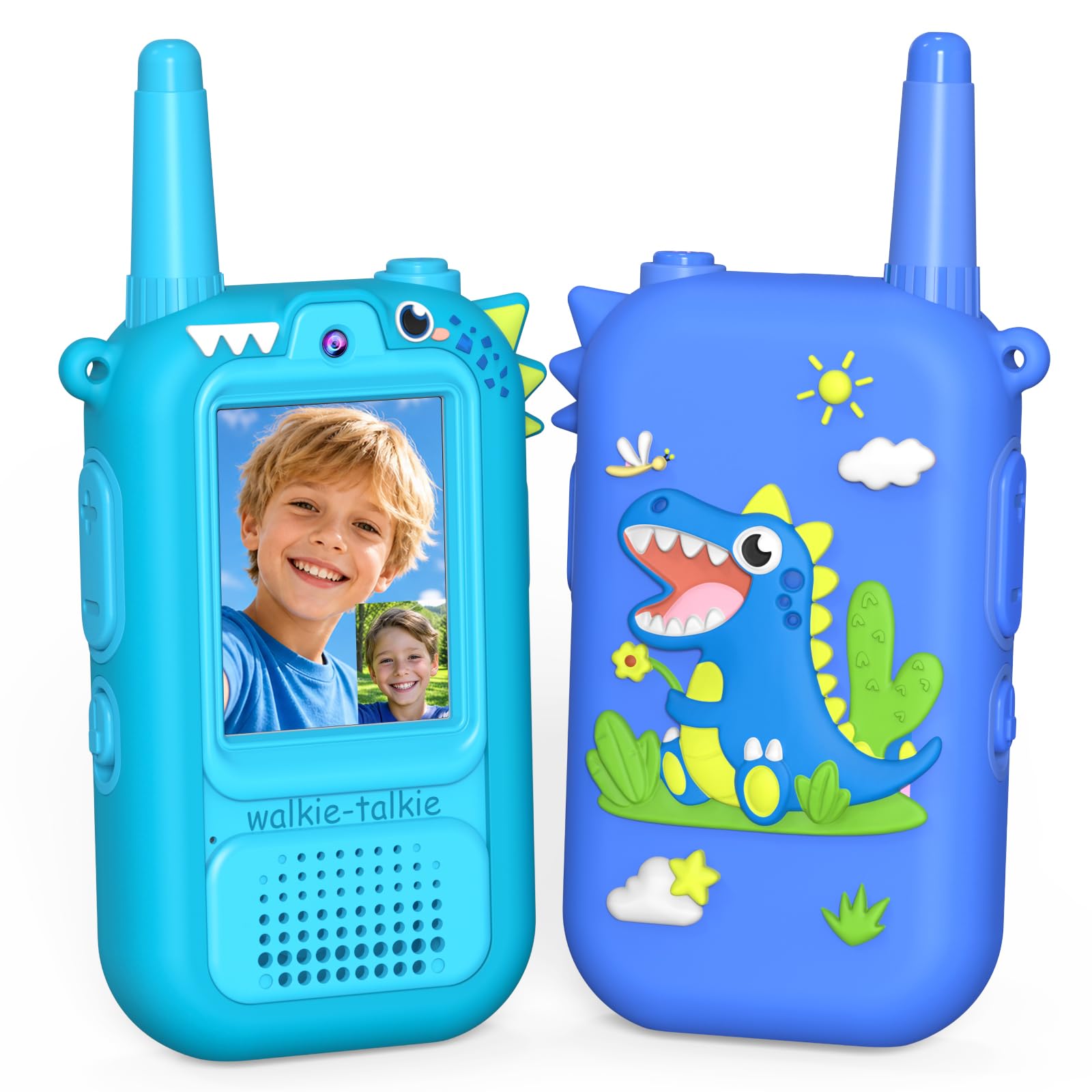 iKidiki Walkie Talkie Bambini Ricaricabili, Gioco Bambino 3 4 5 6 7 8 Anni Maschio Video Woki Toki Regalo Bimbo 3-8 Anni Giochi da Esterno per Bambini Idee Regali di Compleanno Giocattoli Dinosauro