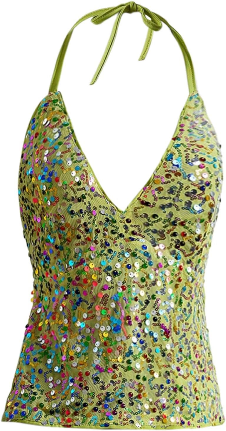 Milumia Women's Sequin Halter Top Deep V Neck Sleeveless Backless Party Night Out Camisoles