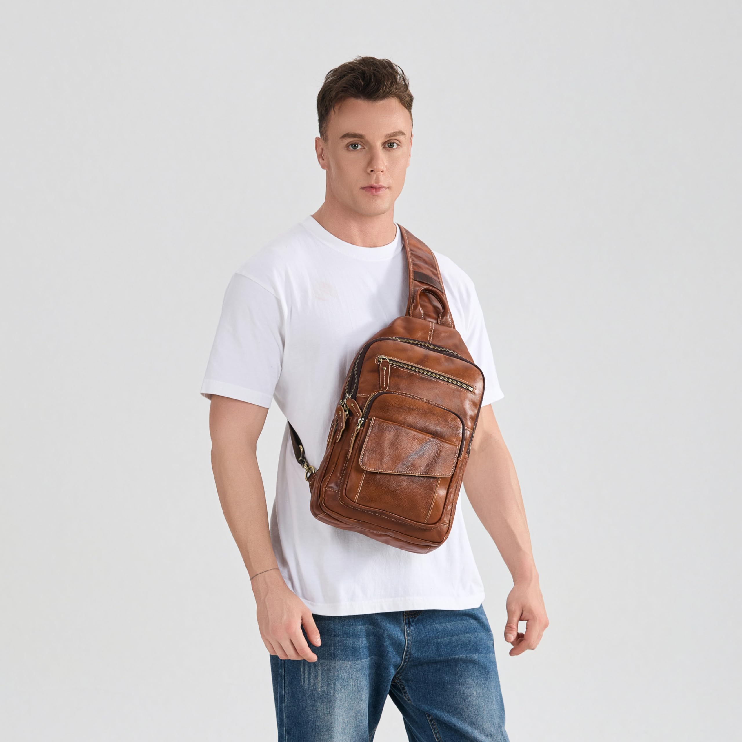 LANNSYNE Full Grain Leather Casual Sling Bag For Men Hiking/Travel/Business Crossbody Chest Bag Fits 12.9'' iPad'
