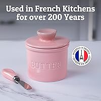 Vista 7 de Priority Chef Recipiente para mantequilla con tapa con línea de agua, plato de mantequilla francés de cerámica para dejar en la encimera, rosa