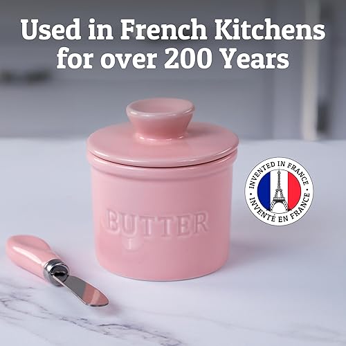 Miniatura 7 de Priority Chef Recipiente para mantequilla con tapa con línea de agua, plato de mantequilla francés de cerámica para dejar en la encimera, rosa