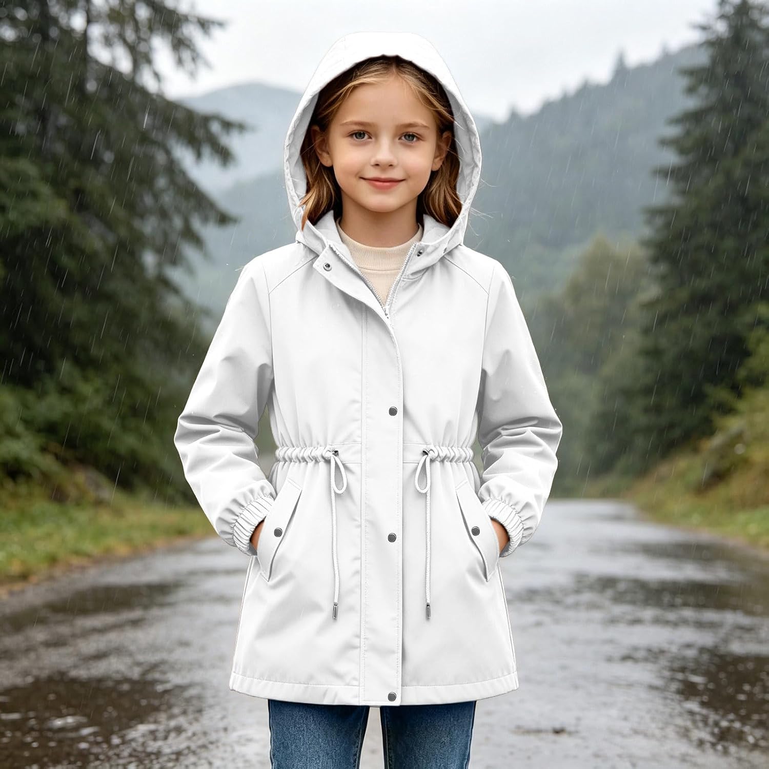Girls Hooded Longline Windbreaker Boys Waterproof Rain Jacket Full Zip