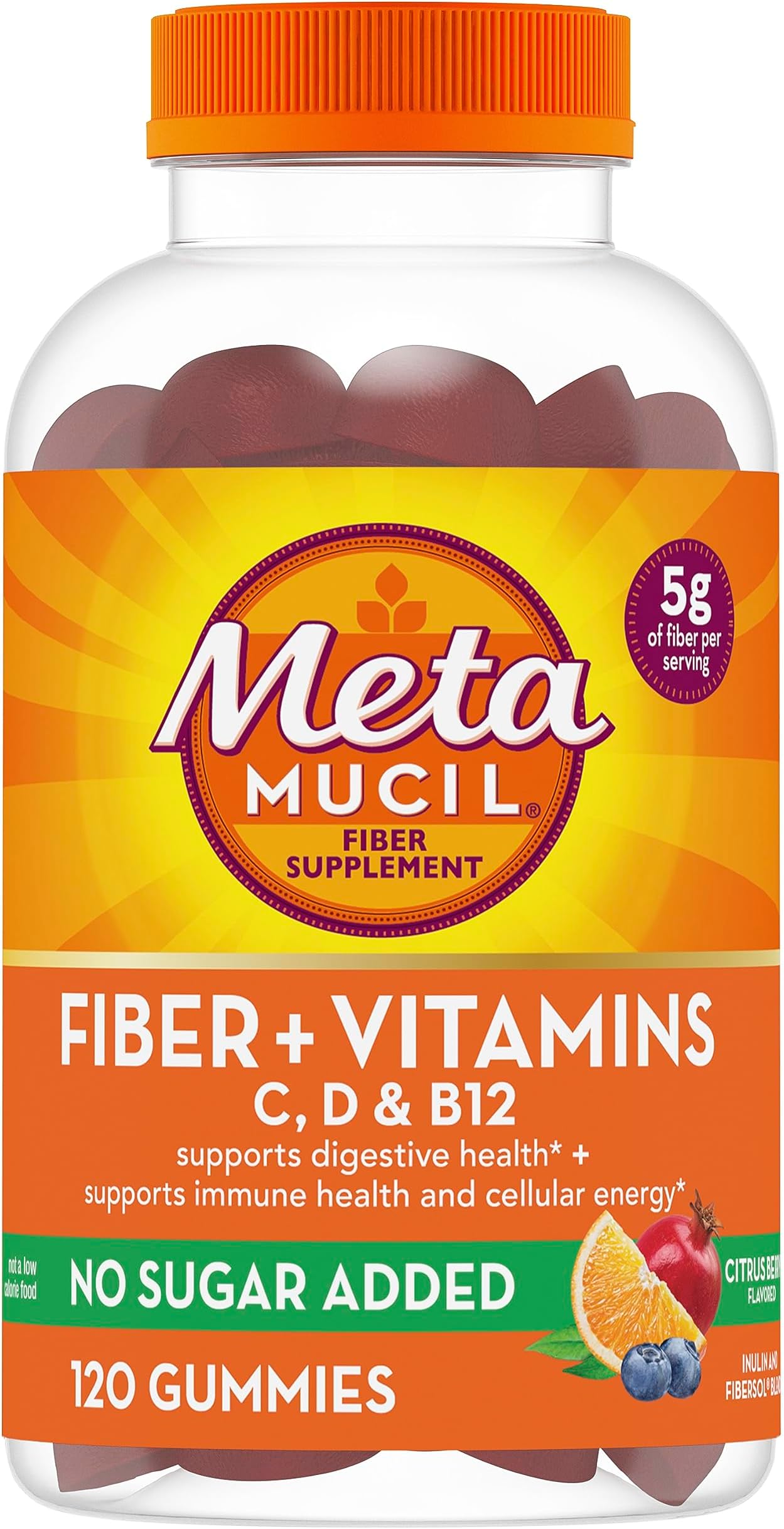Fiber Gummies for Adults with Vitamins C, D, B12 for Metabolism, No Sugar Added Citrus Berry Flavor, 5g Plant Based Prebiotic Fiber Supplement Blend, 120 Count