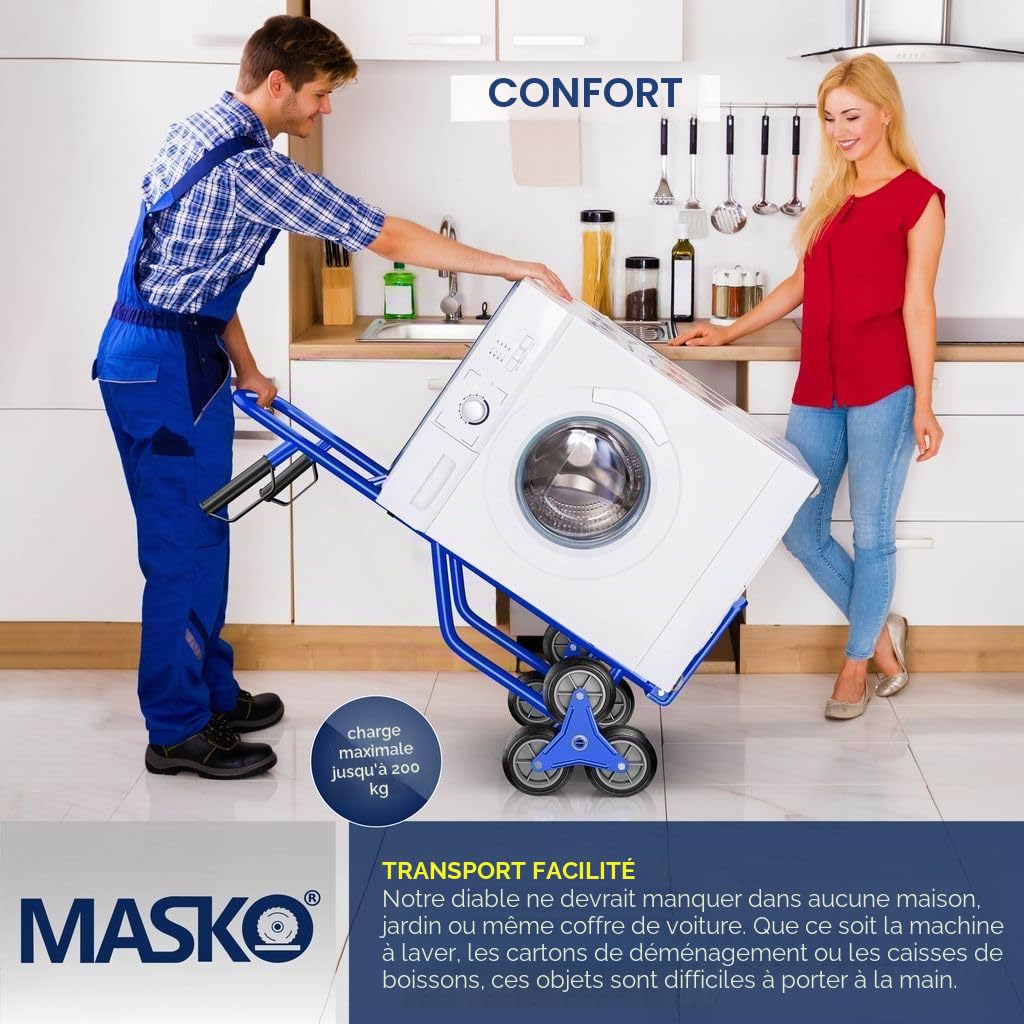 MASKO® Diable pour escaliers Pliable, 200kg, Pneus en Caoutchouc Dur | Poignées en Plastique | Cadre en Acier - Bleu