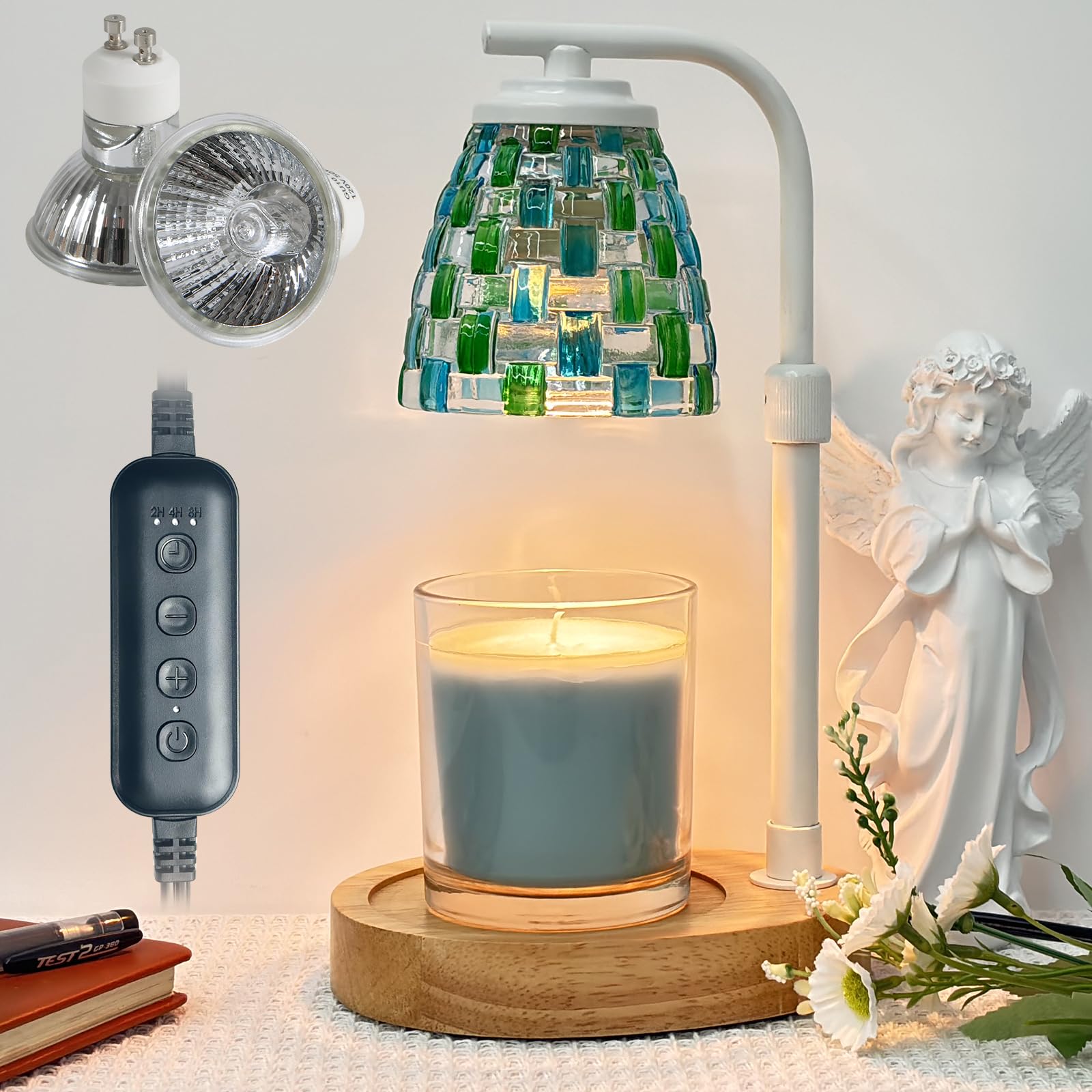 Candle Warmer Lamp,Electric Candle Warmer with Timer,Dimmable Candle Lamp,Gifts for mom, Candle Holders for Home Decor,Wooden Base，with 2 Bulbs(Blue+Greener)