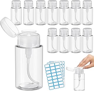 Zhehao 24 Pcs Push Down Pump Dispenser Nail Polish Remover Pump Lockable Empty Bottle Refillable Clear Cosmetic Container with Label for Liquid Acetone Nail Polish and Makeup Remover, 6.8 oz/ 200 ml