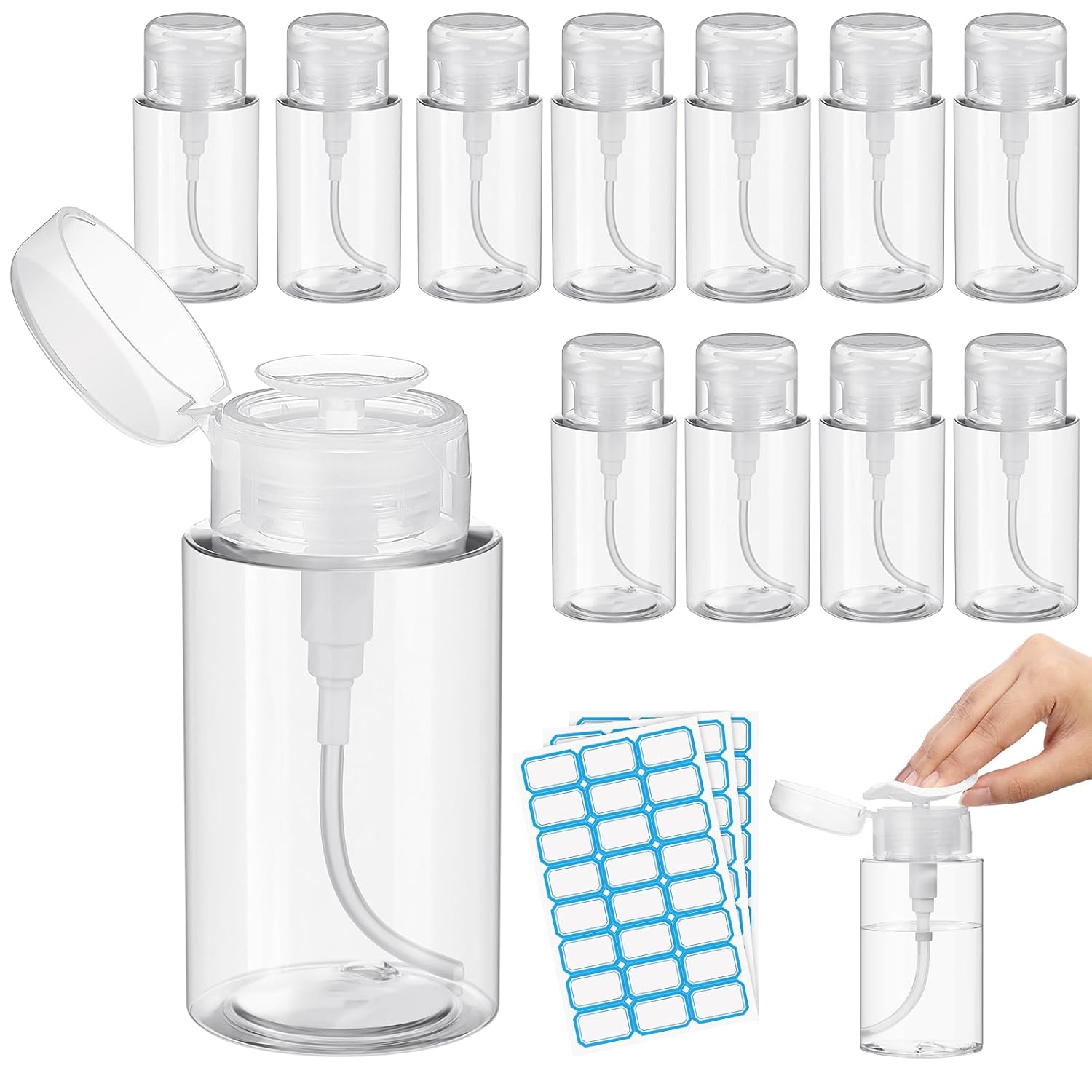 Zhehao 24 Pcs Push Down Pump Dispenser Nail Polish Remover Pump Lockable Empty Bottle Refillable Clear Cosmetic Container with Label for Liquid Acetone Nail Polish and Makeup Remover, 6.8 oz/ 200 ml