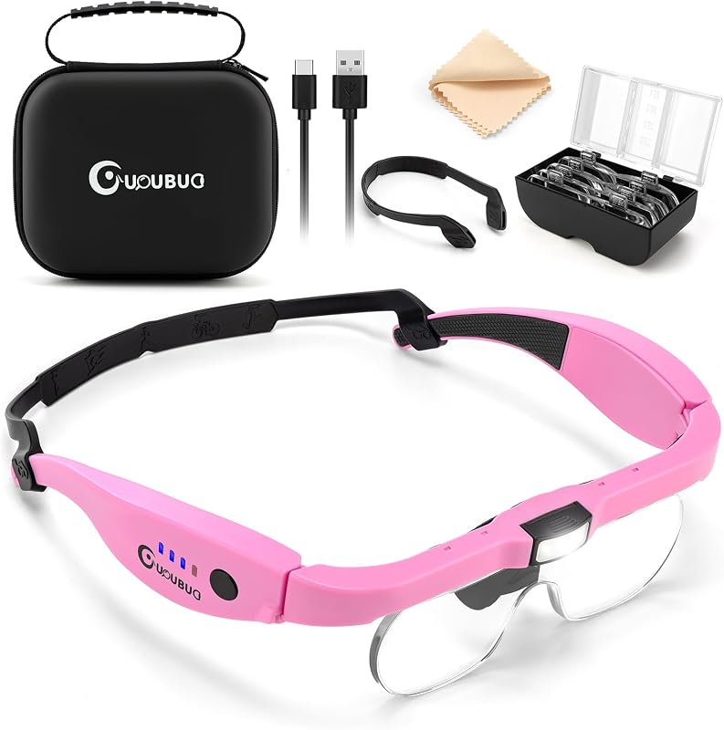 Magnifying Glasses with Light 1.5X-5.0X Magnification Acrylic Lens | Zipper Carry Bag, 4 Detachable Lenses, Rechargeable Light, Type-c Charge,Handsfree Head Magnifier for Close Work Crafts Hobby