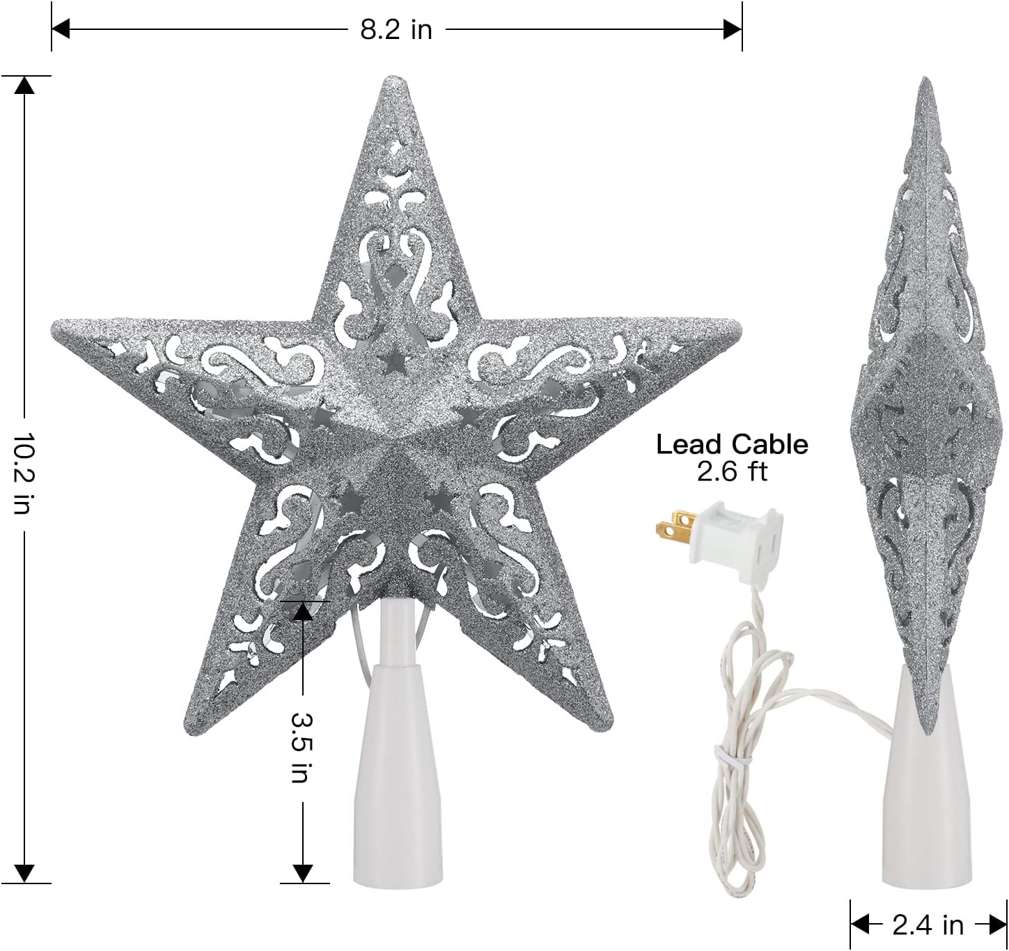 8” Christmas Star Tree Topper Silver Glittered Hollow Star Topper Built in 10 Bulbs String Lights 3D Star Treetop Plug in (4 Bulbs 2 Fuses Spare) for Holiday Decor Christmas Tree Decorations