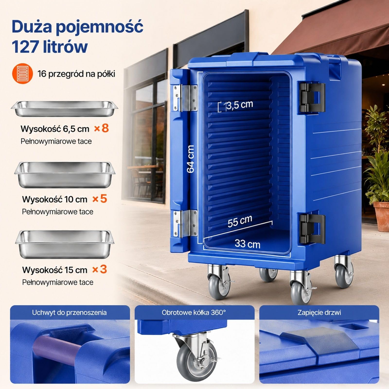 Izolowany pojemnik transportowy na żywność 120 l, niebieski, podwójne klamry i uchwyty, do cateringu oraz stołówki restauracyjnej