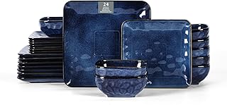 Vicrays Ceramic 24 Pieces Square Dinnerware Set - Dinner Plates Salad Plates Cereal Bowls Set Service for 8 - Scratch Resistant Microwave Oven Dishwasher Safe - Blue