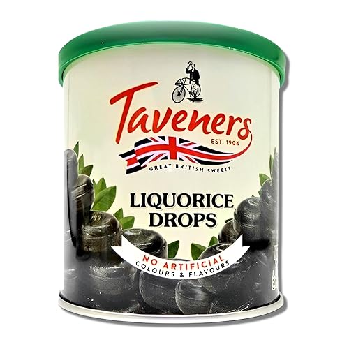 Taveners - Gotas de regaliz negro importado de extracto de raíz de regaliz, caramelo duro de regaliz British Sweets, sin sabores ni colores