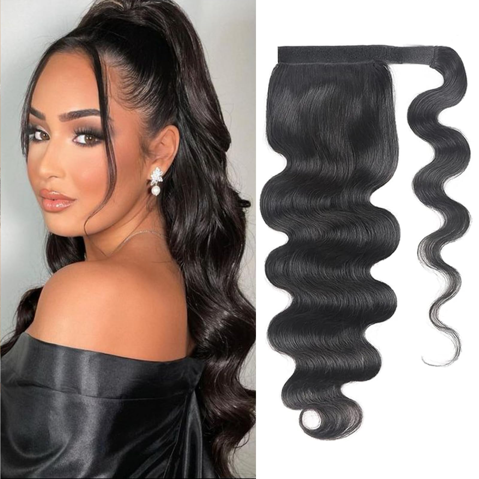 Body Wave Ponytail with Magic Paste Warp Around 100% Brazilian Virgin Human Hair Ponytail Extensionfor Black Women Natural Black 22 Inch