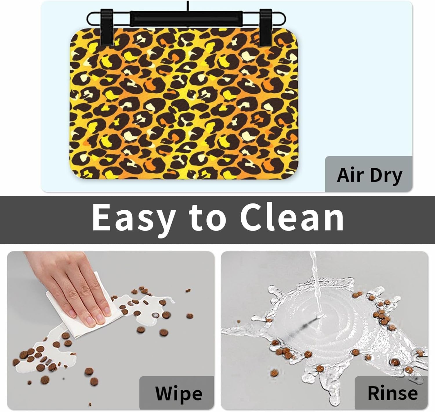 Yellow Leopard Print Pattern Pet Feeding Mat-Absorbent Quick Dry Pet Cat Dog Food Mat Non Slip Waterproof Rubber Dish Placemat