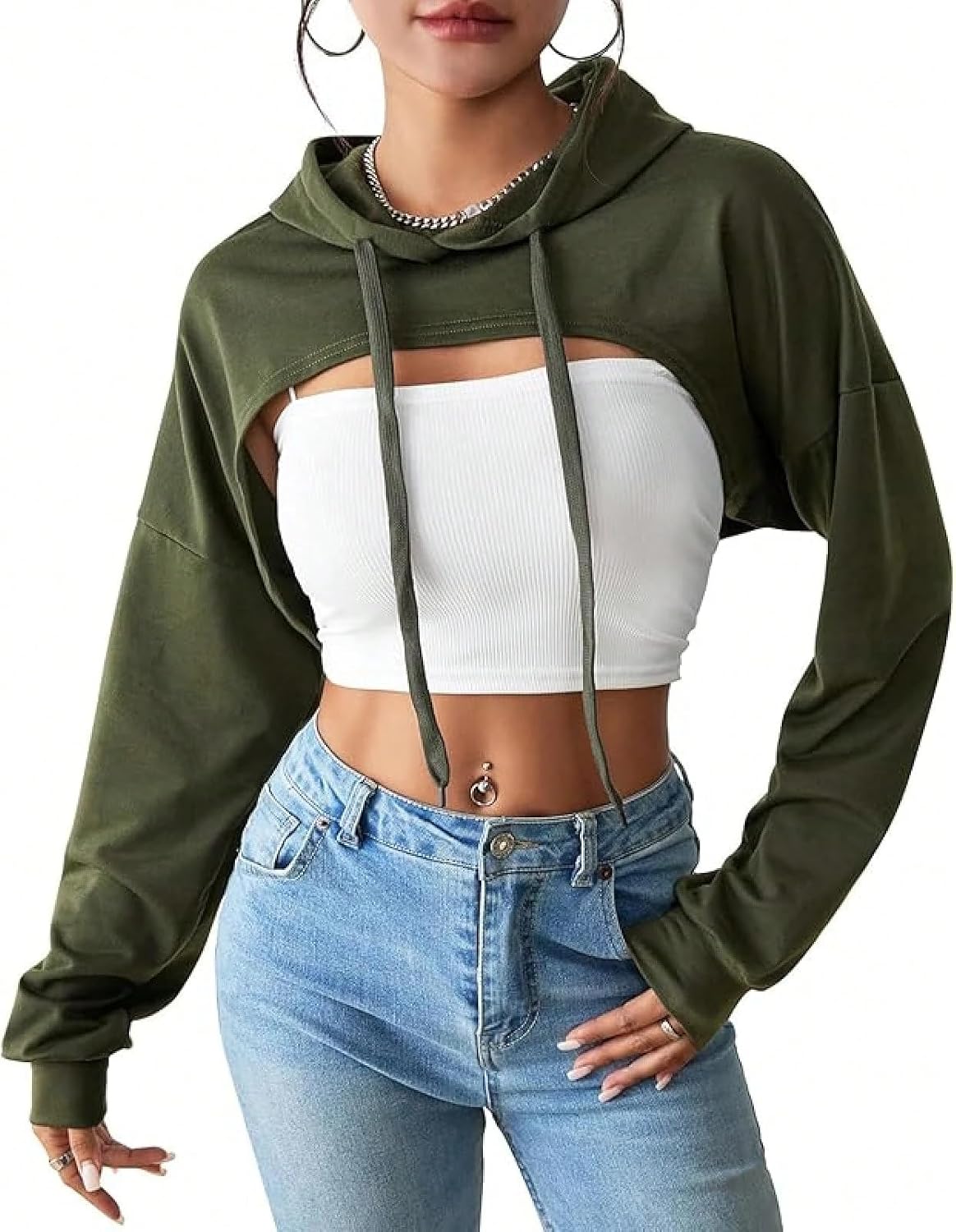 Women Drop Shoulder Super Crop Hoodie, Casual Streetwear Style