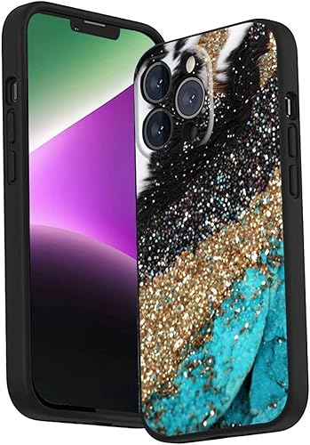 Funda compatible con iPhone 14 Pro Western, piel de vaca turquesa occidental, estampado de animales con purpurina y bohemio, regalos gráficos para