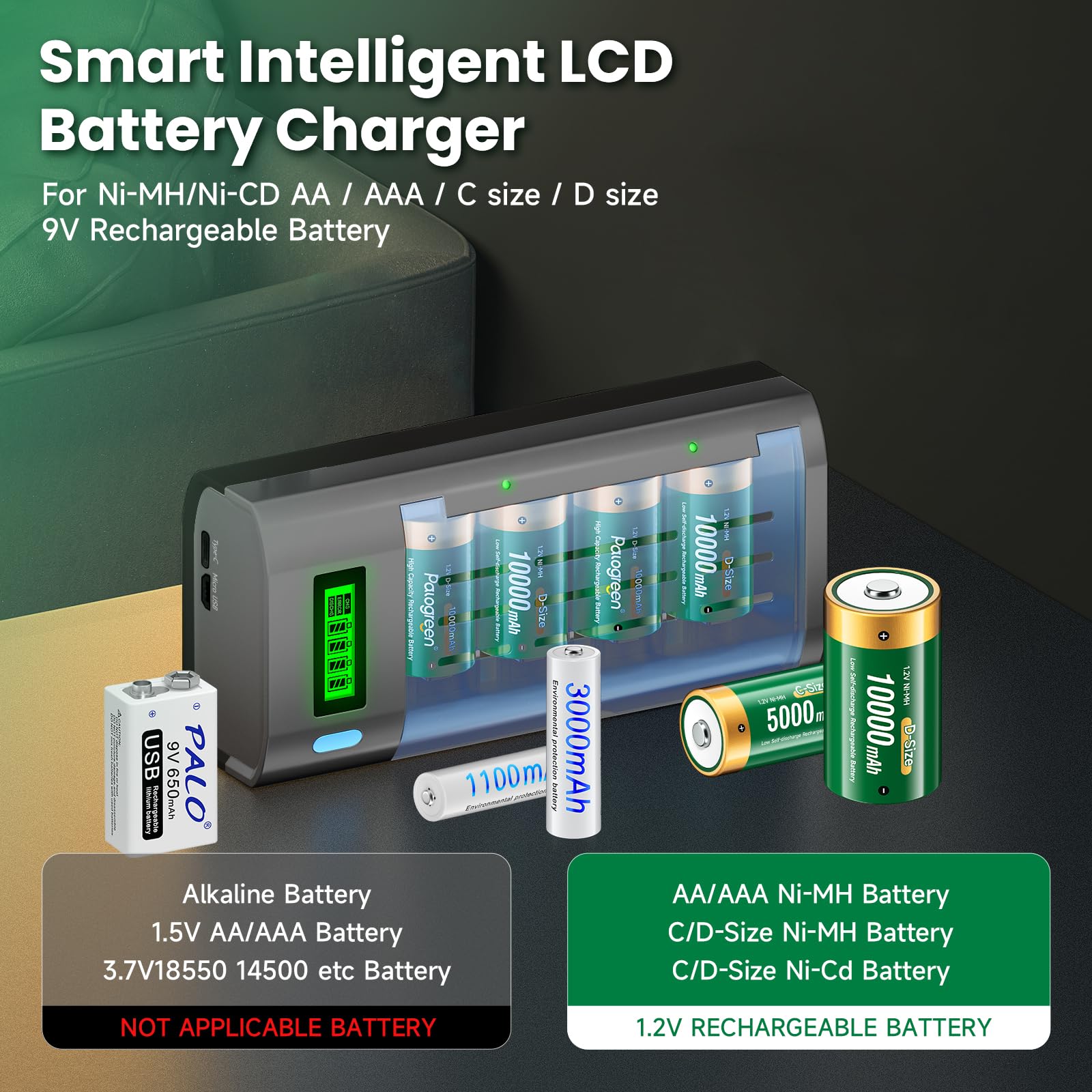 Cargador de Pilas Recargable Universal con Batería D 10000mAh, Cargador de Batería LCD Rápido para Pilas Recargables AA/AAA/SC/C/D Ni-MH, con Función de Descarga