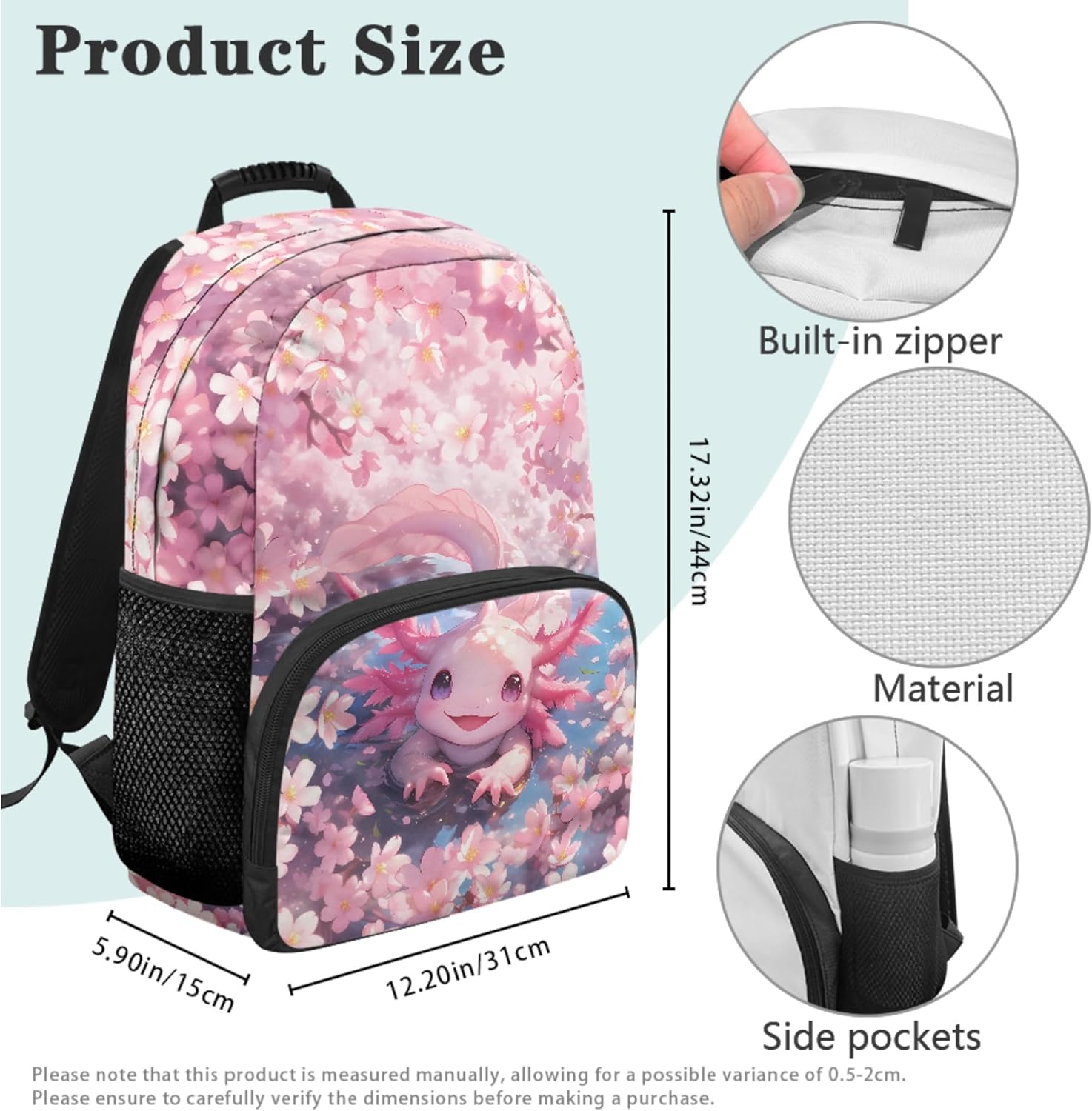 Backpack for Girls Elementary School Floral Axolotl Backpack with Lunch Box Water Bottle Bag 17 Inch Comfy Padded Back Student Book Bag for Girls 6-8 8-12 Pink