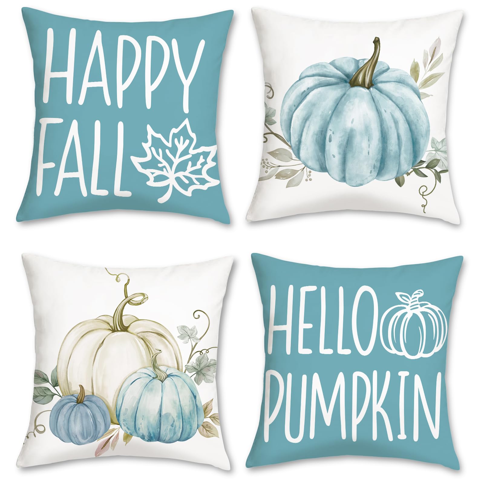 COZZSNUGE Fall Pumpkin Throw Pillow Covers Blue Hello Pumpkin Autumn Leaves Velvety Decorative Pillowcases for Sofa Bed Home