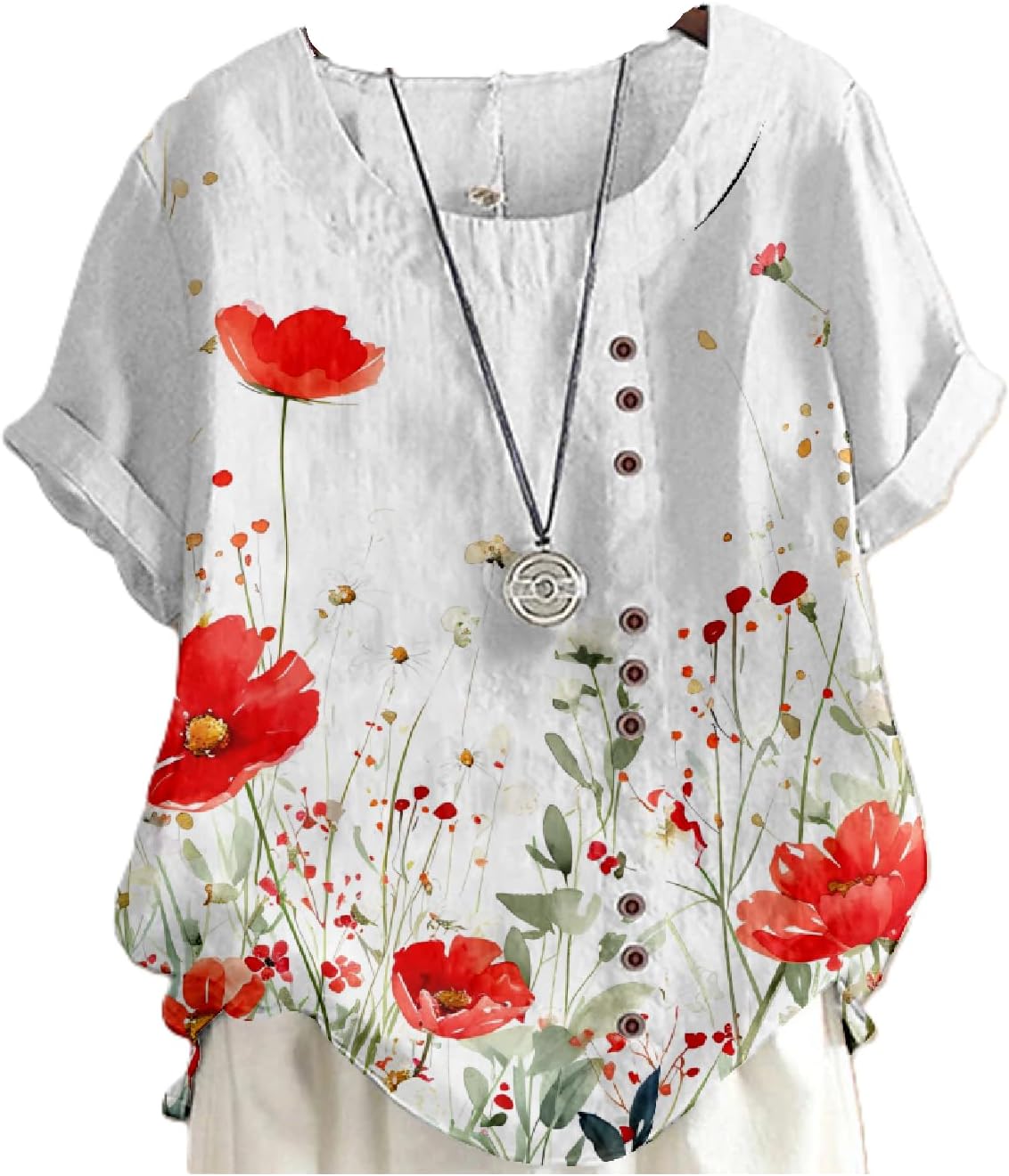 Cotton Linen Tops Women Crewneck Short Sleeve Floral Printed Summer Casual Tunic Tr...