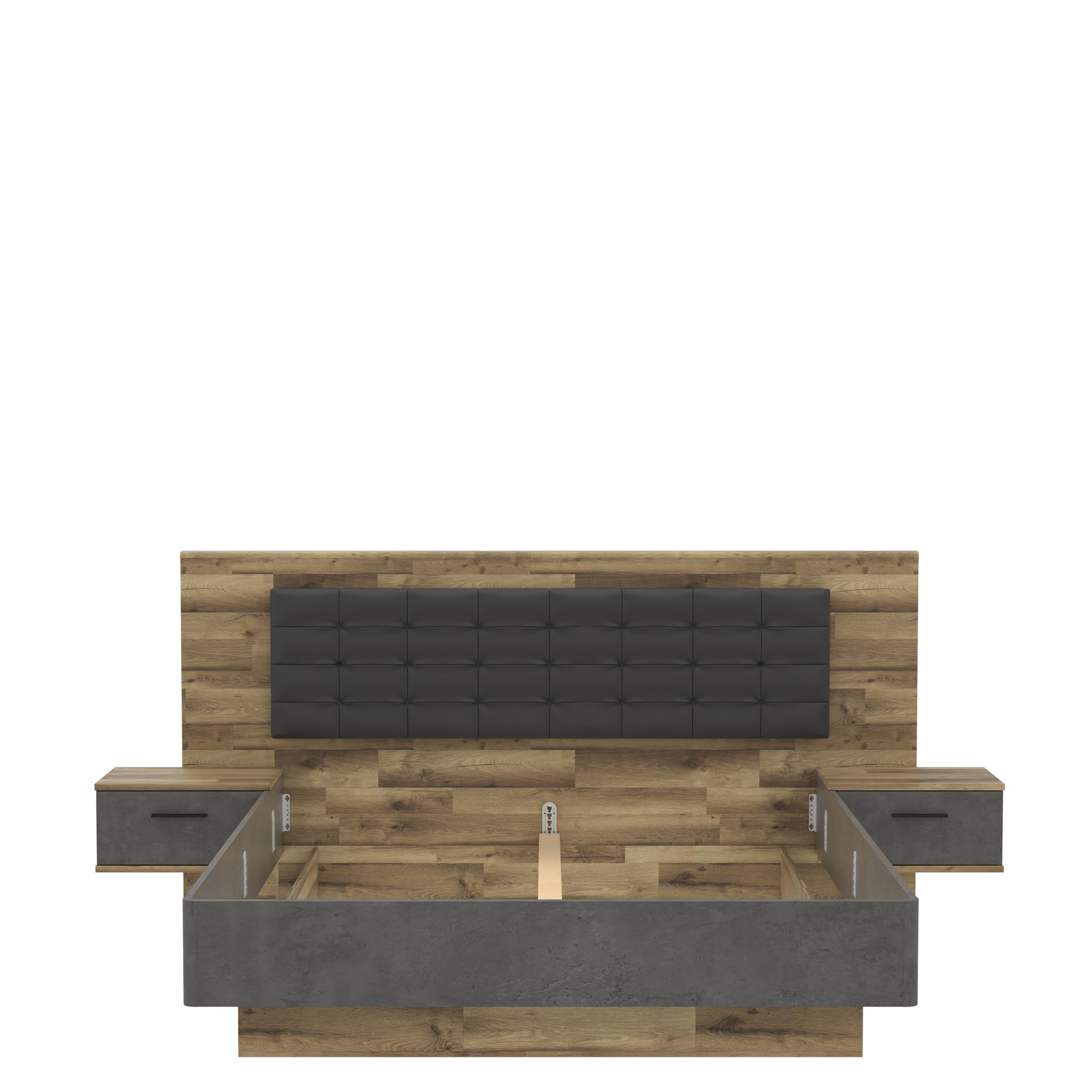 Forte RICCIANO Bett 300, Bett + 2 Nachtkommoden mit 2 Schubladen, Holzwerkstoff, Stabeiche Holzdekor/Betonoptik dunkelgrau, 296,5 cm breit x 120 cm hoch x 209,9 cm tief