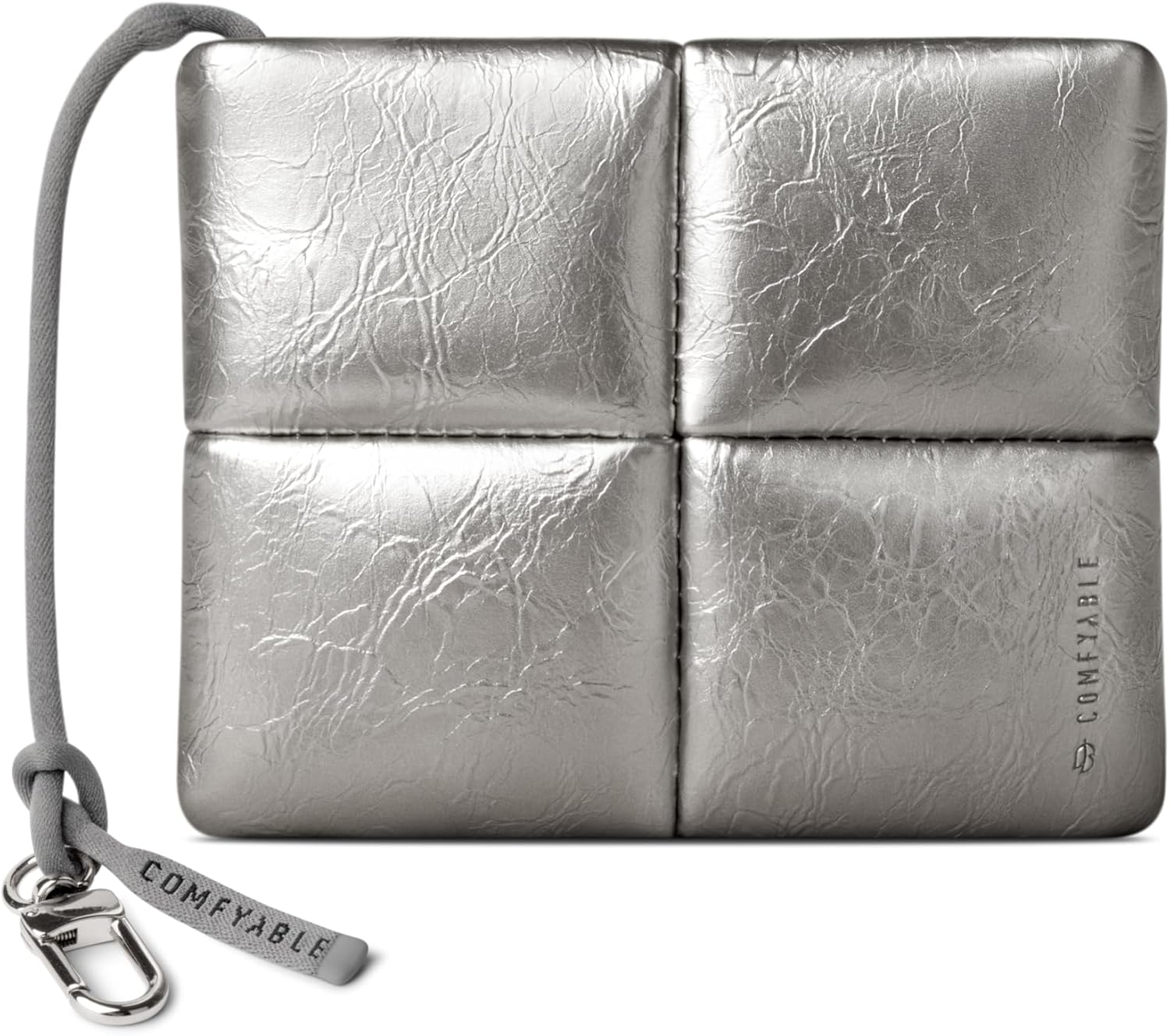 Comfyable Cute Puffy Coin Purse Pouch Change Holder For Women, Small Organizer with Hidden Lanyard, Magnetic Closure, Water-repellent, Storage for Coins, Airpods, Lipstick, Card, Silver