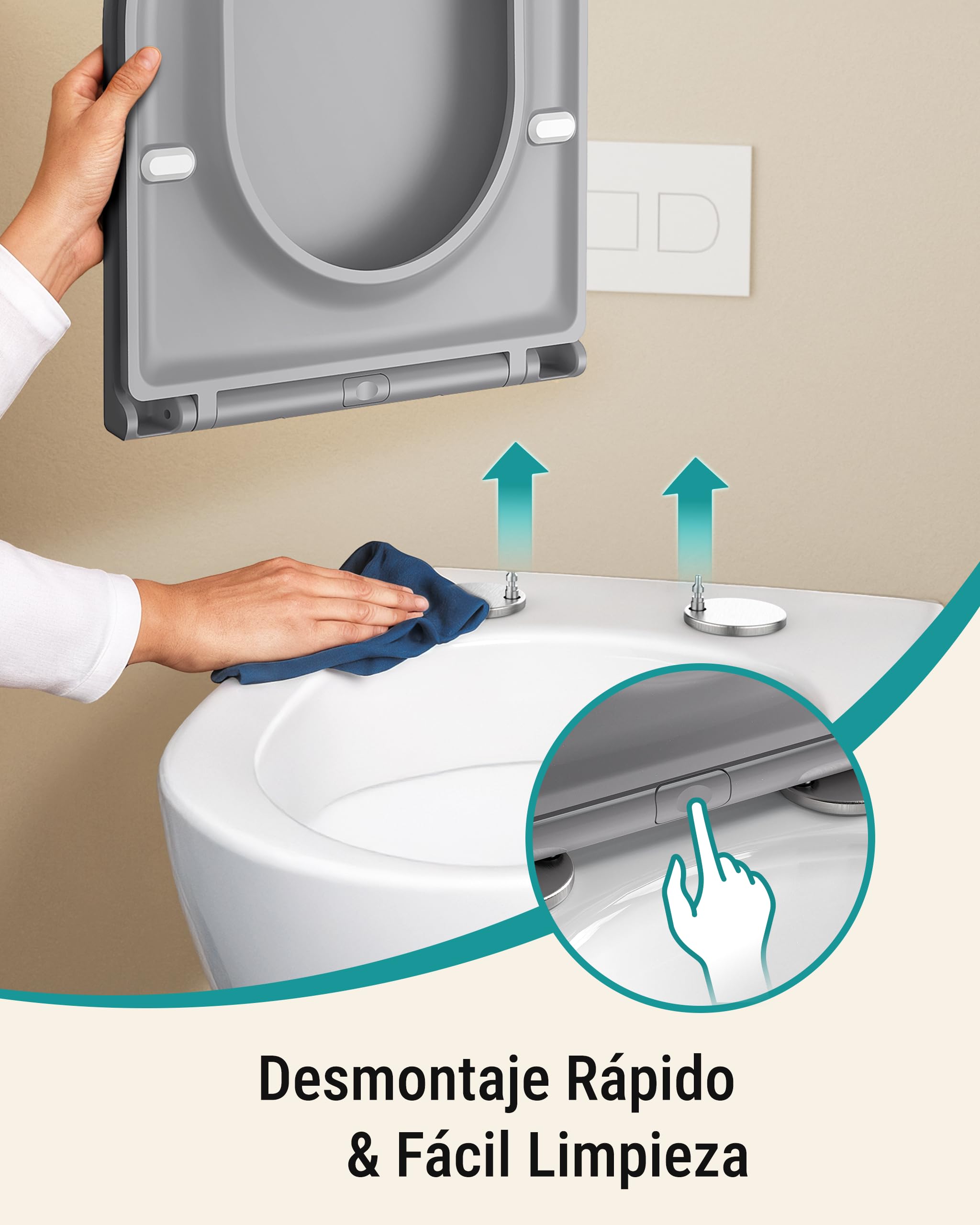 HySail Tapa WC Universal Con Cierre Amortiguado – Ecológica, Resistente a la Decoloración, Con Liberación Rápida Para una Limpieza Fácil (Gris, Forma en D Alargada)